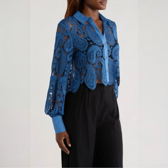 L'AGENCE Odelia Lace Crop Button-Up Shirt Loose Fit Long Sleeve Blouse Top NEW - Picture 9 of 15
